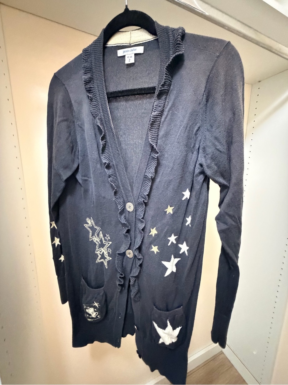 Jazmin Chebar Blue - Star-Golden White Embroidered Ruffle Cardigan